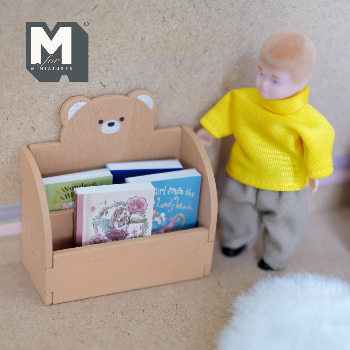 1:12 Scale Miniature Wood Bear 2 Tier Bookshelf Kit, Unassembled, 2-7/16 inch wide, DIY Dollhouse Supply (brown)
