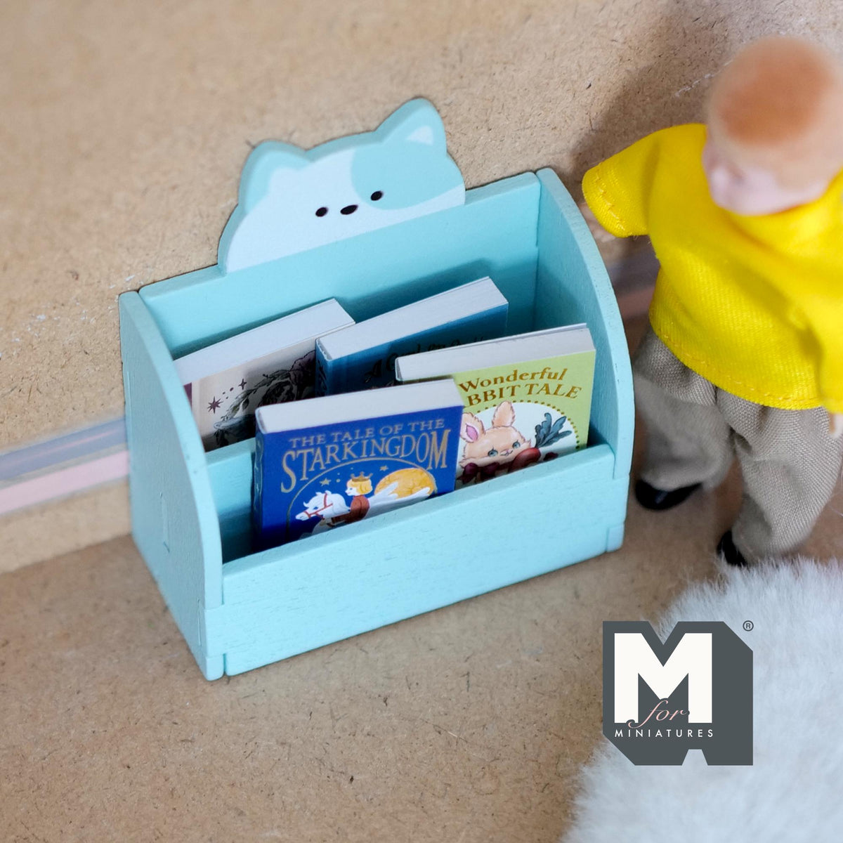 1:12 Scale Miniature Wood Cat 2 Tier Bookshelf Kit, Unassembled, 2-7/16 inch wide, DIY Dollhouse Supply (light blue)