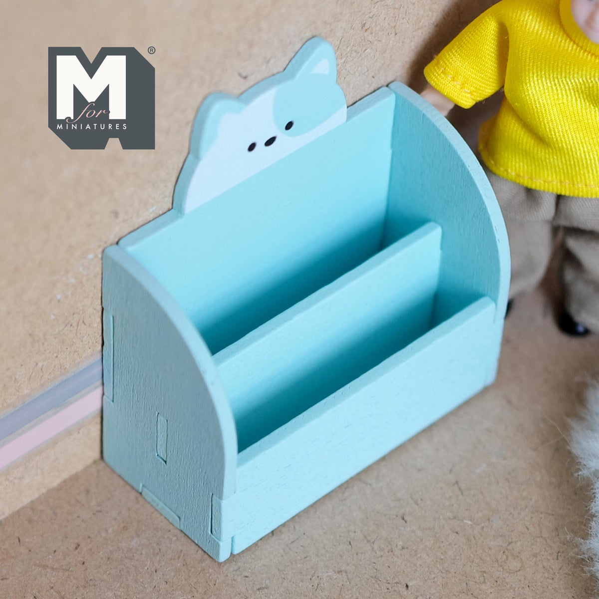 1:12 Scale Miniature Wood Cat 2 Tier Bookshelf Kit, Unassembled, 2-7/16 inch wide, DIY Dollhouse Supply (light blue)