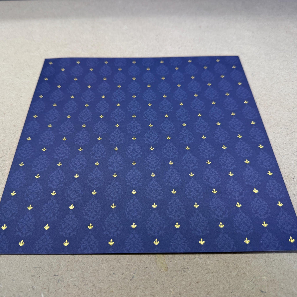 1:12 Scale Miniature Wallpaper, Embossed Brocade Damask Cardstock, Cut to Size, 8-1/4 inch wide, Not Self-Adhesive (dark blue)