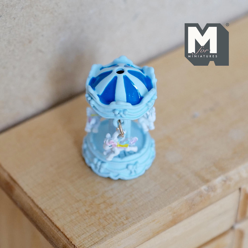 Miniature Carousel 1:12 Scale Dollhouse Decor Spinning Merry Go Round 1-1/8 inch tall (light blue) (metal) - B051