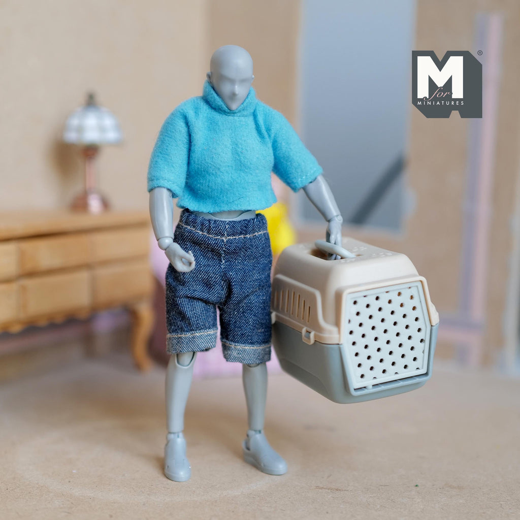 Miniature Pet Travel Carrier 1:12 Scale Dollhouse Dog Cat Cage Travel Pet Crate with Handle (beige gray) - B054
