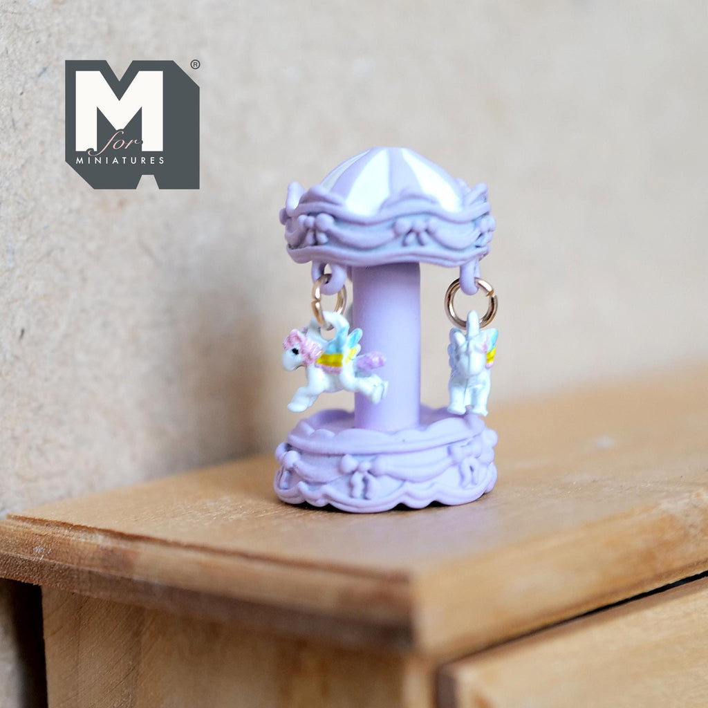 Miniature Carousel 1:12 Scale Dollhouse Decor Spinning Merry Go Round 1-1/8 inch tall (light purple) (metal) - B051