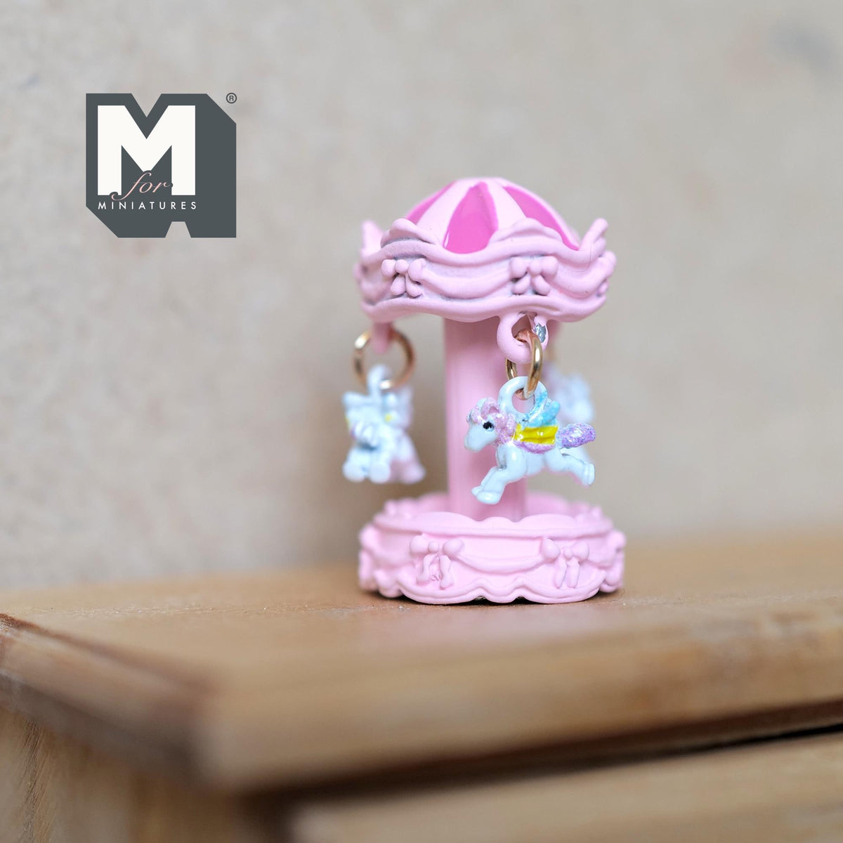 Miniature Carousel 1:12 Scale Dollhouse Decor Spinning Merry Go Round 1-1/8 inch tall (pink) (metal) - B051