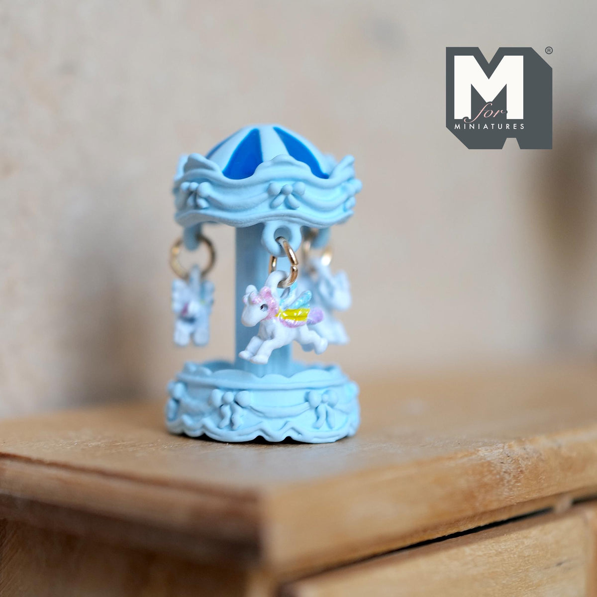 Miniature Carousel 1:12 Scale Dollhouse Decor Spinning Merry Go Round 1-1/8 inch tall (light blue) (metal) - B051