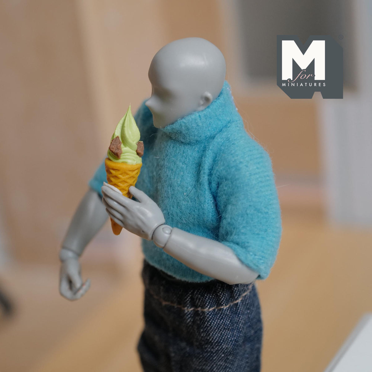 Miniature Pistachio Soft Serve Ice Cream 1:12 Scale Dollhouse Large Size Waffle Cone Fake Food 1-1/16 inch tall -