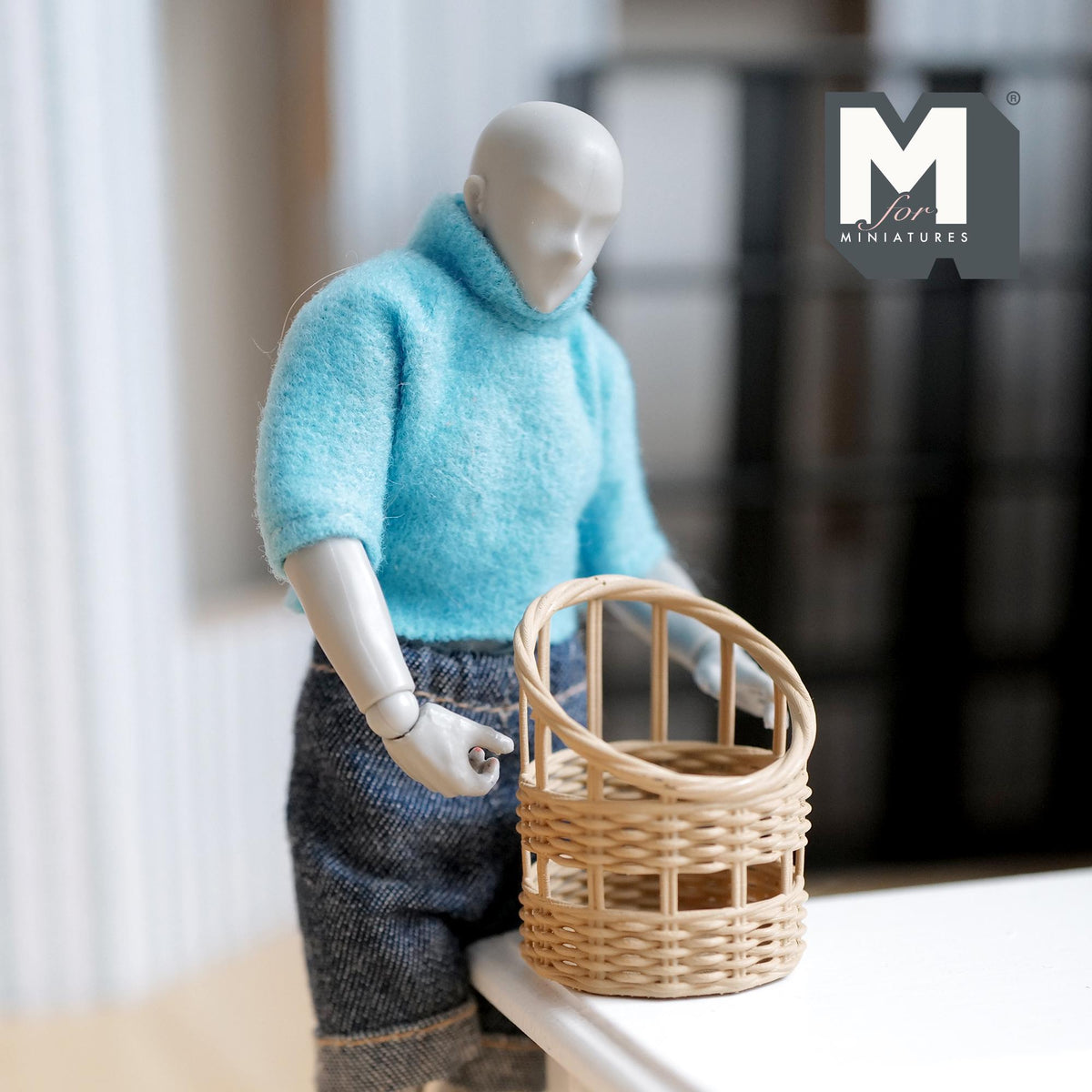 Miniature Faux Wicker Basket 1:12 Scale Dollhouse Rattan Laundry Hamper Storage Bin 1-7/16 inch tall (beige) - C068
