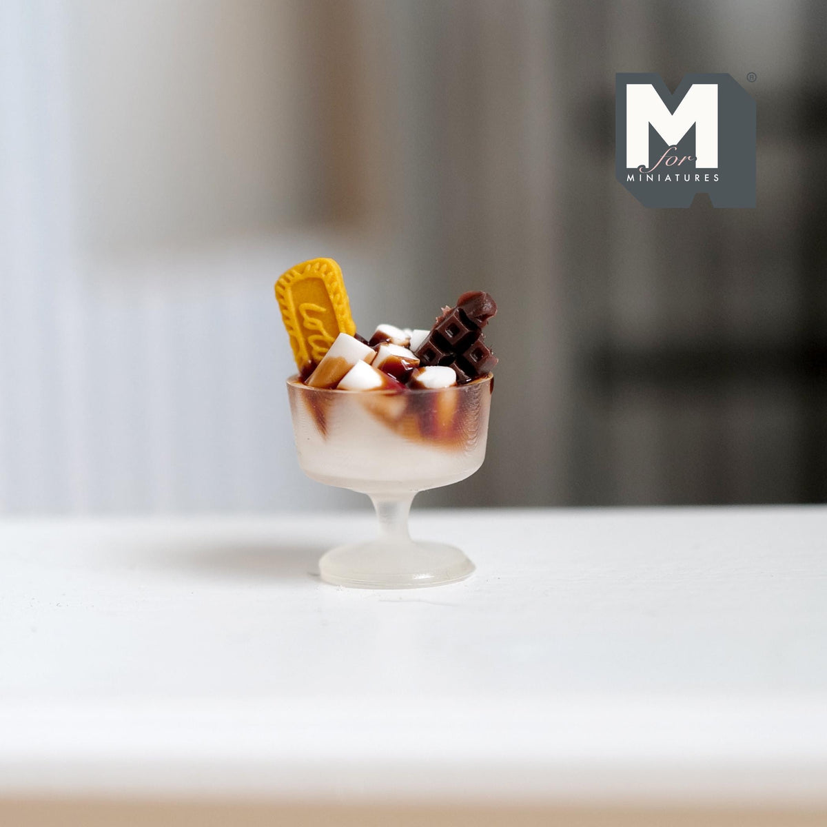 Miniature Ice Cream Sundae on Cup with Chocolate Marshmallows and Cookie 1:12 Scale Dollhouse Fake Food 7/8 inch tall -