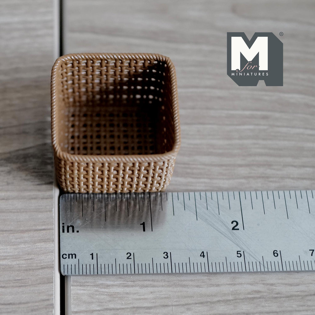 Miniature Square Faux Wicker Basket 1:12 Scale Dollhouse Rattan Laundry Hamper Storage Bin 15/16 inch tall (brown) - C012