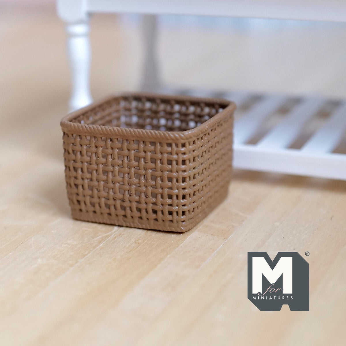 Miniature Square Faux Wicker Basket 1:12 Scale Dollhouse Rattan Laundry Hamper Storage Bin 15/16 inch tall (brown) - C012