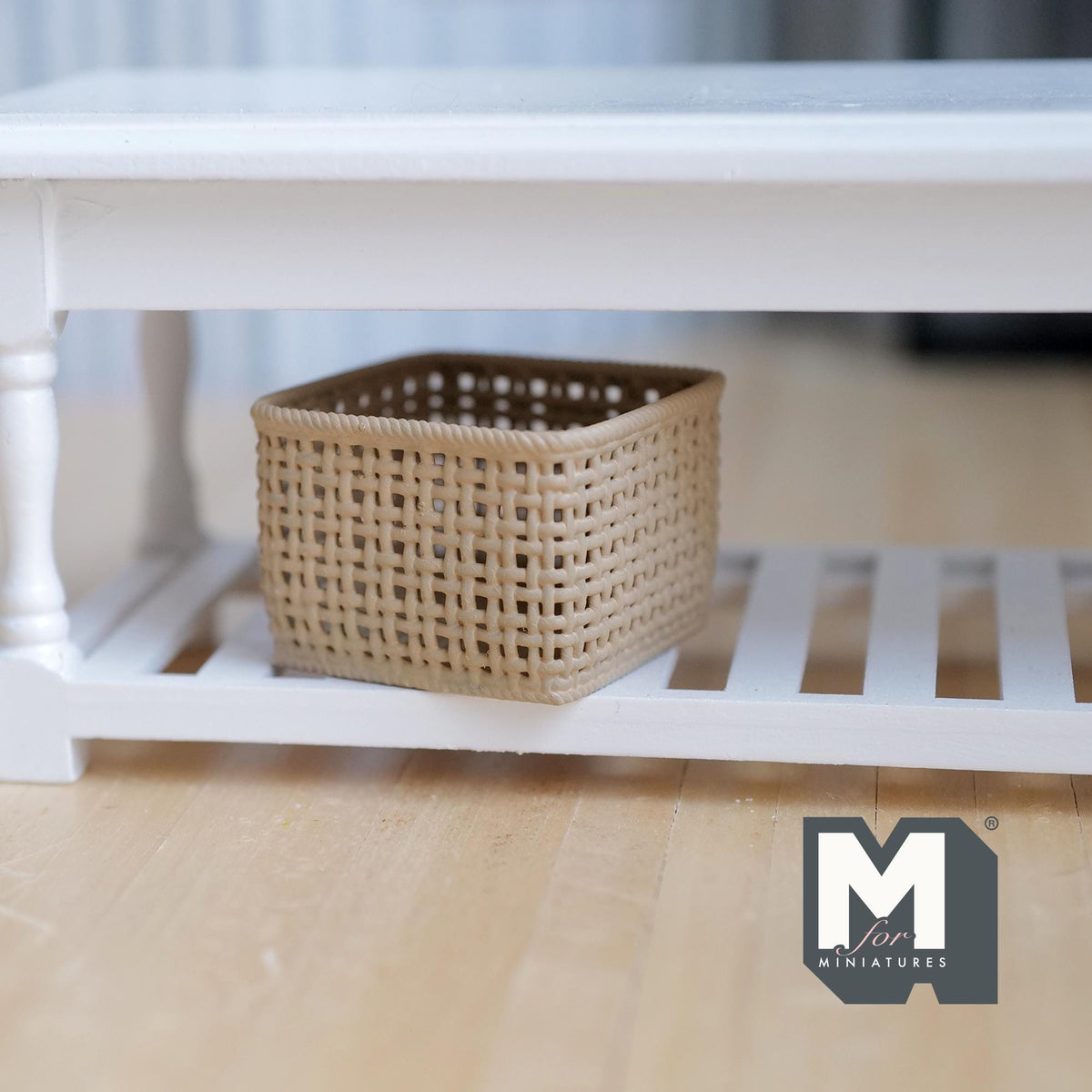 Miniature Square Faux Wicker Basket 1:12 Scale Dollhouse Rattan Laundry Hamper Storage Bin 15/16 inch tall (beige) - C012