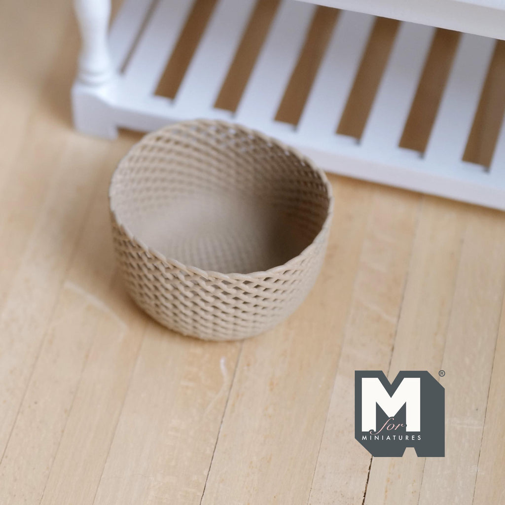 Miniature Oval Faux Wicker Basket 1:12 Scale Dollhouse Rattan Laundry Hamper Storage Bin 13/16 inch tall (beige) - C012