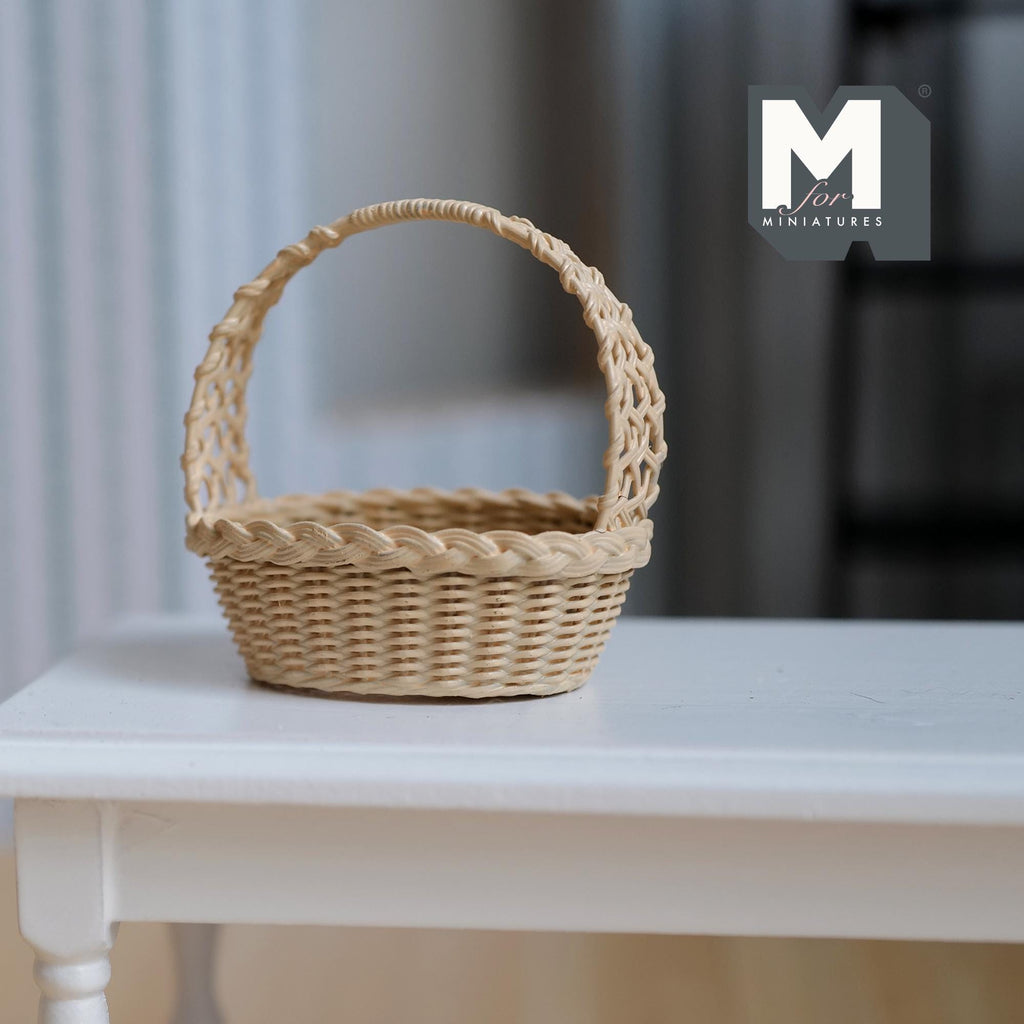 Miniature Faux Wicker Picnic Basket with Handle 1:12 Scale Dollhouse Decor Faux Rattan Basket 1-11/16 inch tall - C022