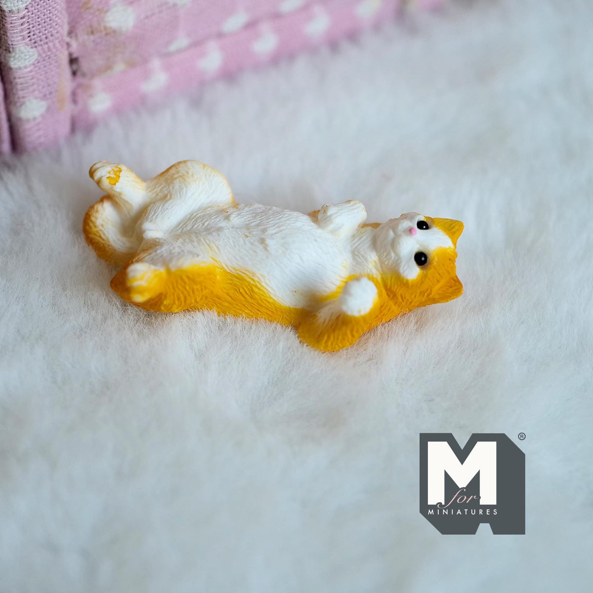Miniature Tummy Up Cat Figurine 1:12 Scale Dollhouse Orange White Cat Lying on Back 1-3/4 inch long (resin) - B046