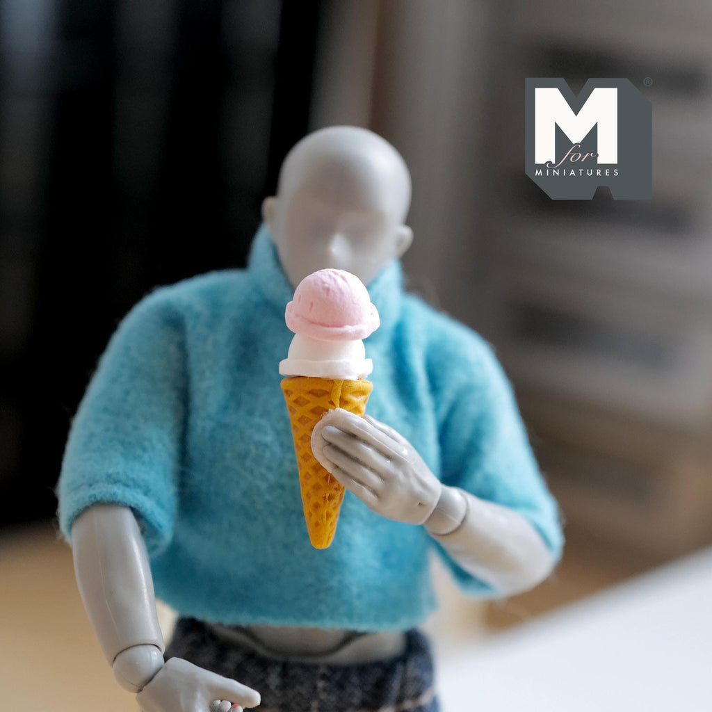 Miniature Strawberry Vanilla Ice Cream 1:12 Scale Dollhouse Fake Food Large Size Waffle Cone 1-1/8 inch tall - E046