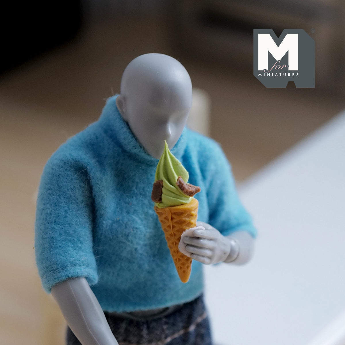 Miniature Pistachio Soft Serve Ice Cream 1:12 Scale Dollhouse Large Size Waffle Cone Fake Food 1-1/16 inch tall -