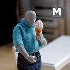 1:12 scale miniature strawberry soft serve cone with marshmallows in pink, large, waffle cone held by a posable figure