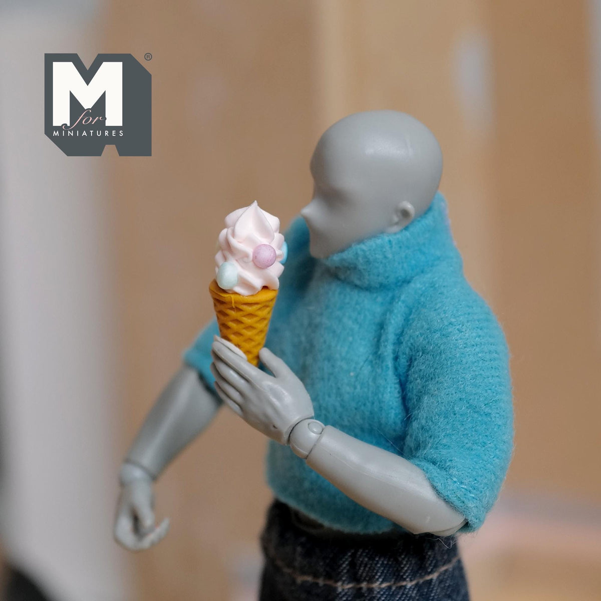 Miniature Strawberry Soft Serve Ice Cream 1:12 Scale Dollhouse Large Size Waffle Cone with Marshmallows Fake Food 1-1/8 inch tall -