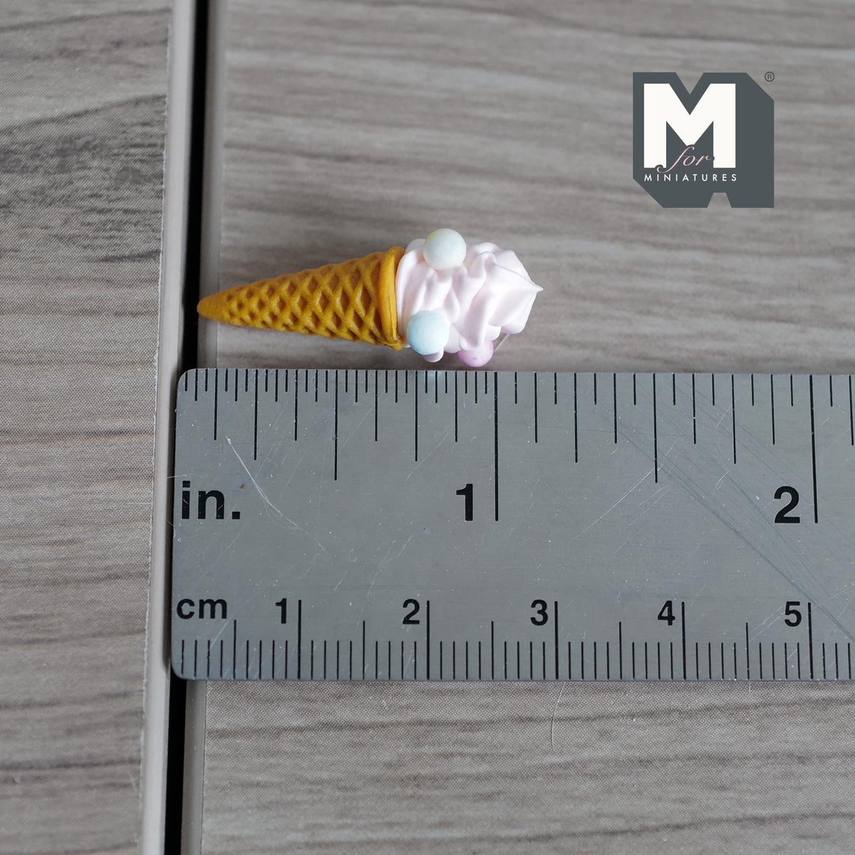 Miniature Strawberry Soft Serve Ice Cream 1:12 Scale Dollhouse Large Size Waffle Cone with Marshmallows Fake Food 1-1/8 inch tall -