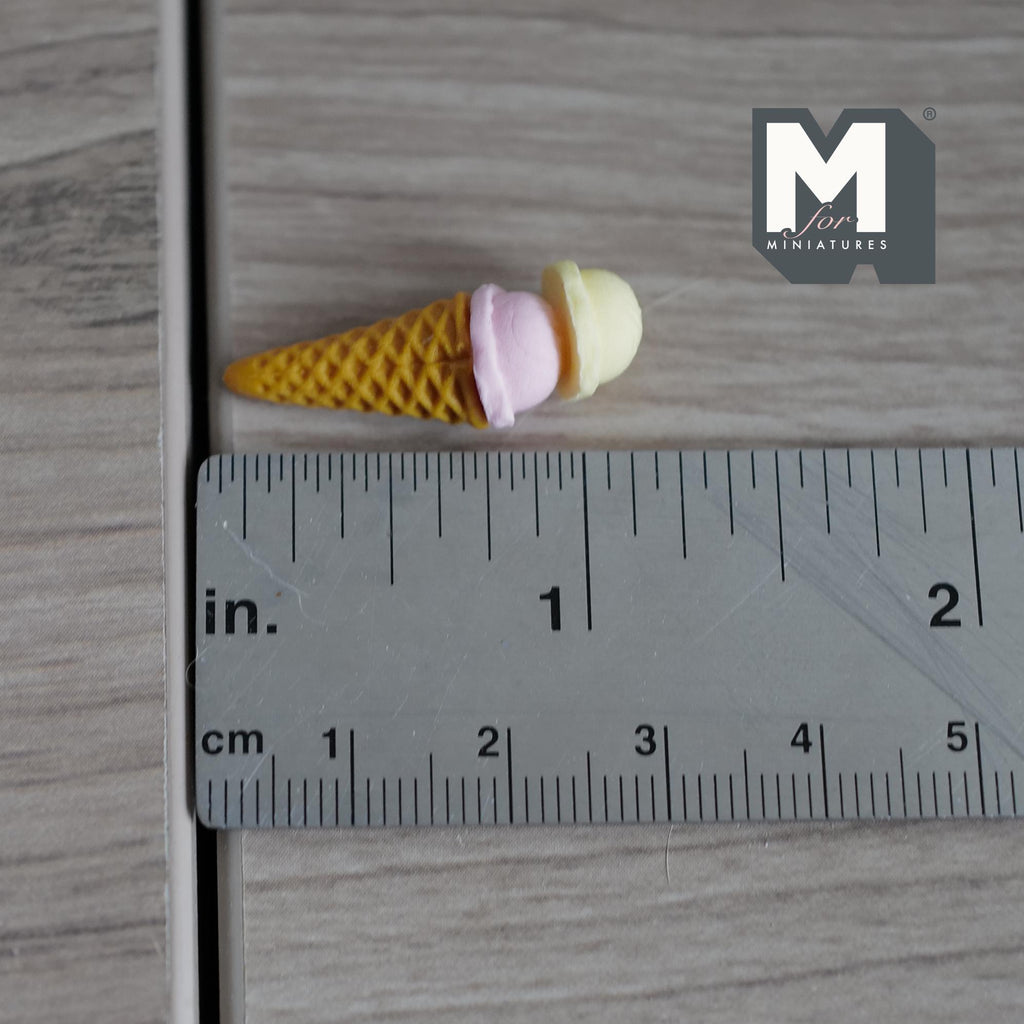 Miniature Lemon Strawberry Ice Cream 1:12 Scale Dollhouse Fake Food Large Size Waffle Cone 1-1/8 inch tall - E046