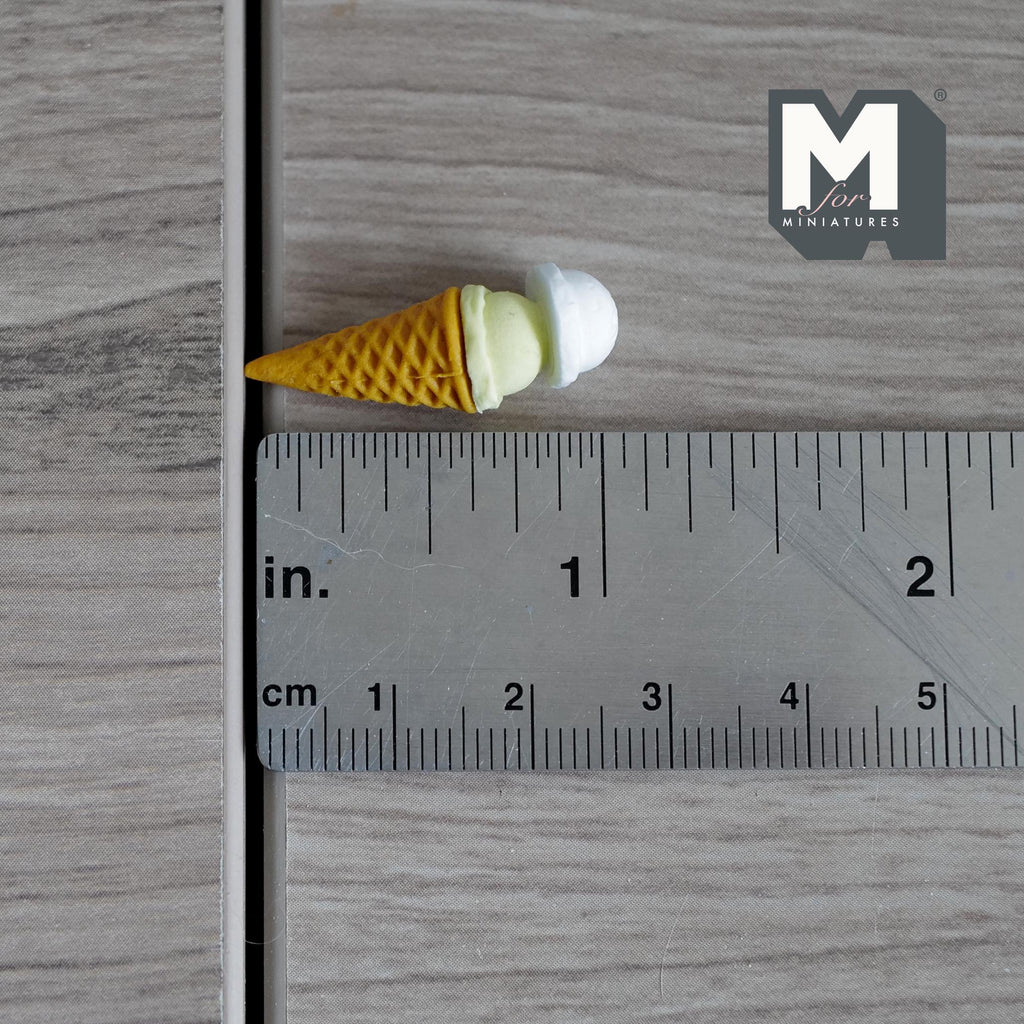 Miniature Vanilla Pistachio Ice Cream 1:12 Scale Dollhouse Fake Food Large Size Waffle Cone 1-1/8 inch tall - E046