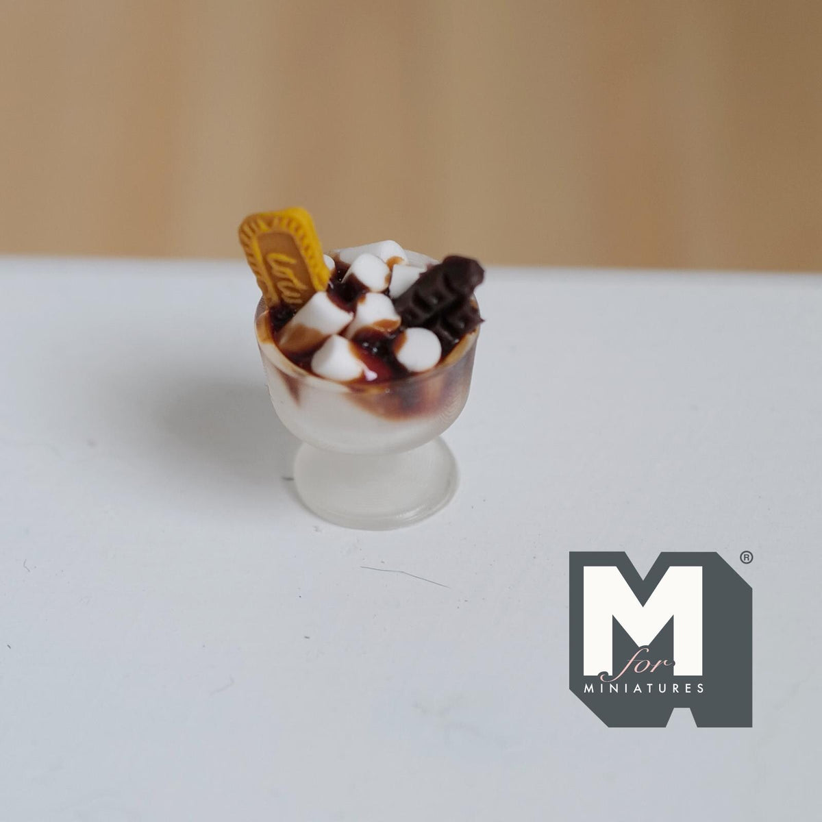 Miniature Ice Cream Sundae on Cup with Chocolate Marshmallows and Cookie 1:12 Scale Dollhouse Fake Food 7/8 inch tall -