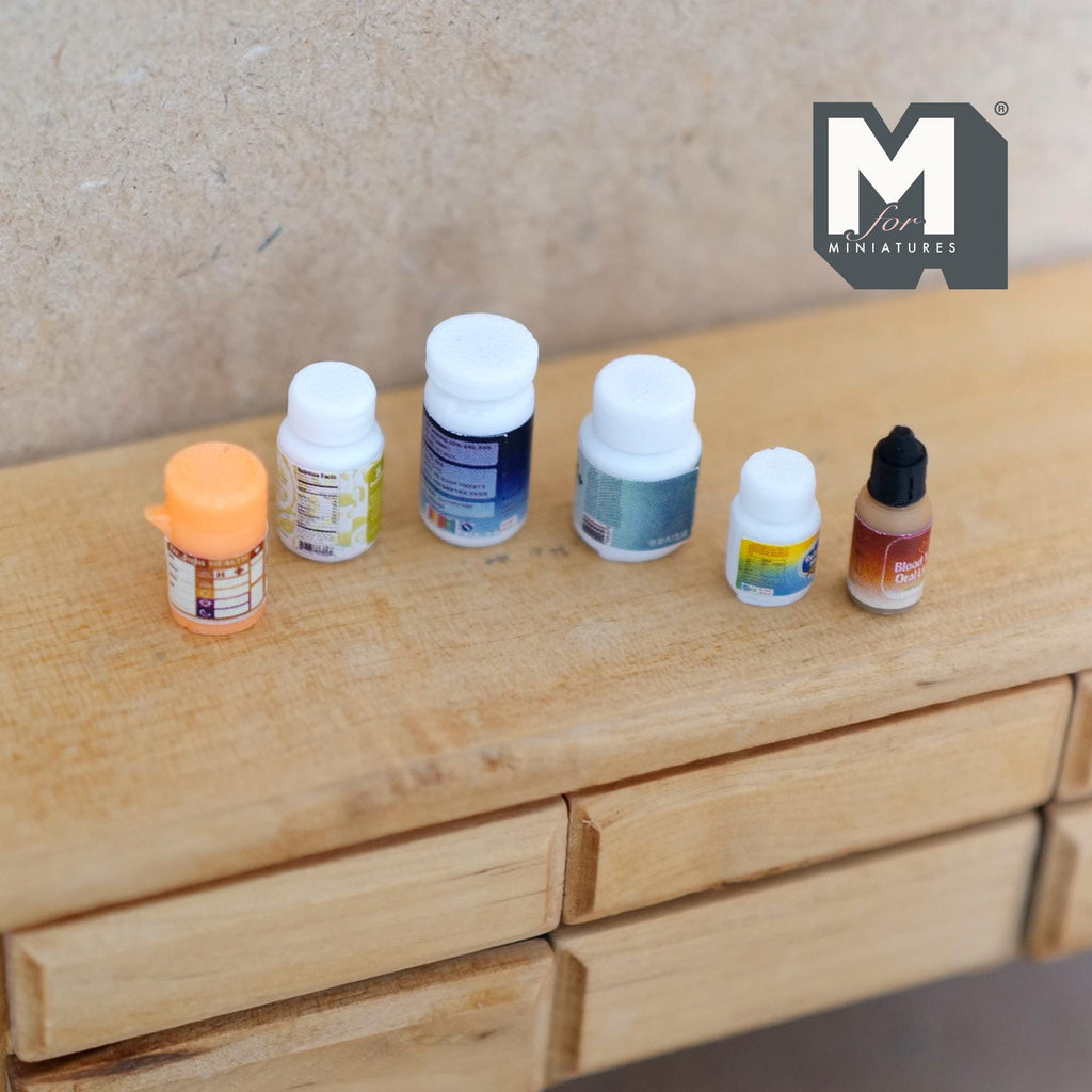 Assorted Miniature Empty Bottles and Lids Set of 6 , 1:12 Scale Dollhouse Decor - E058