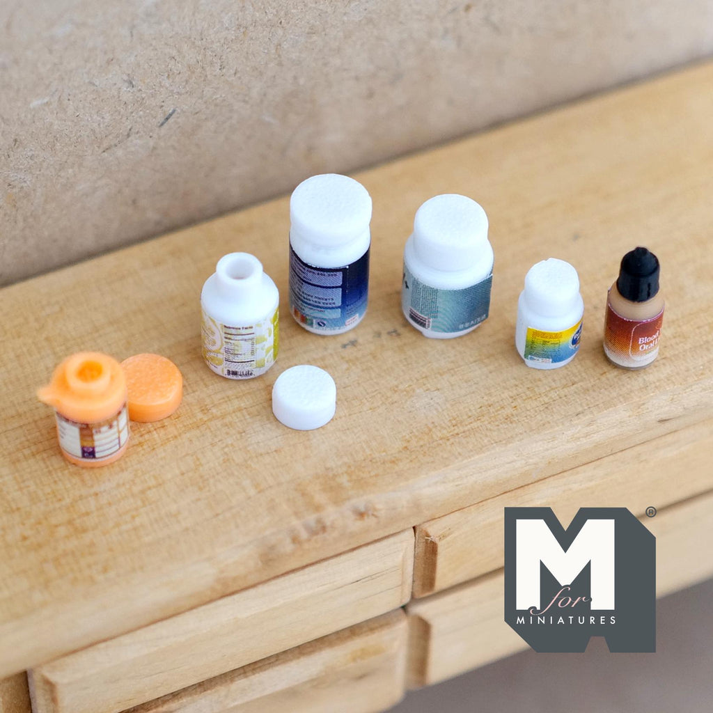 Assorted Miniature Empty Bottles and Lids Set of 6 , 1:12 Scale Dollhouse Decor - E058