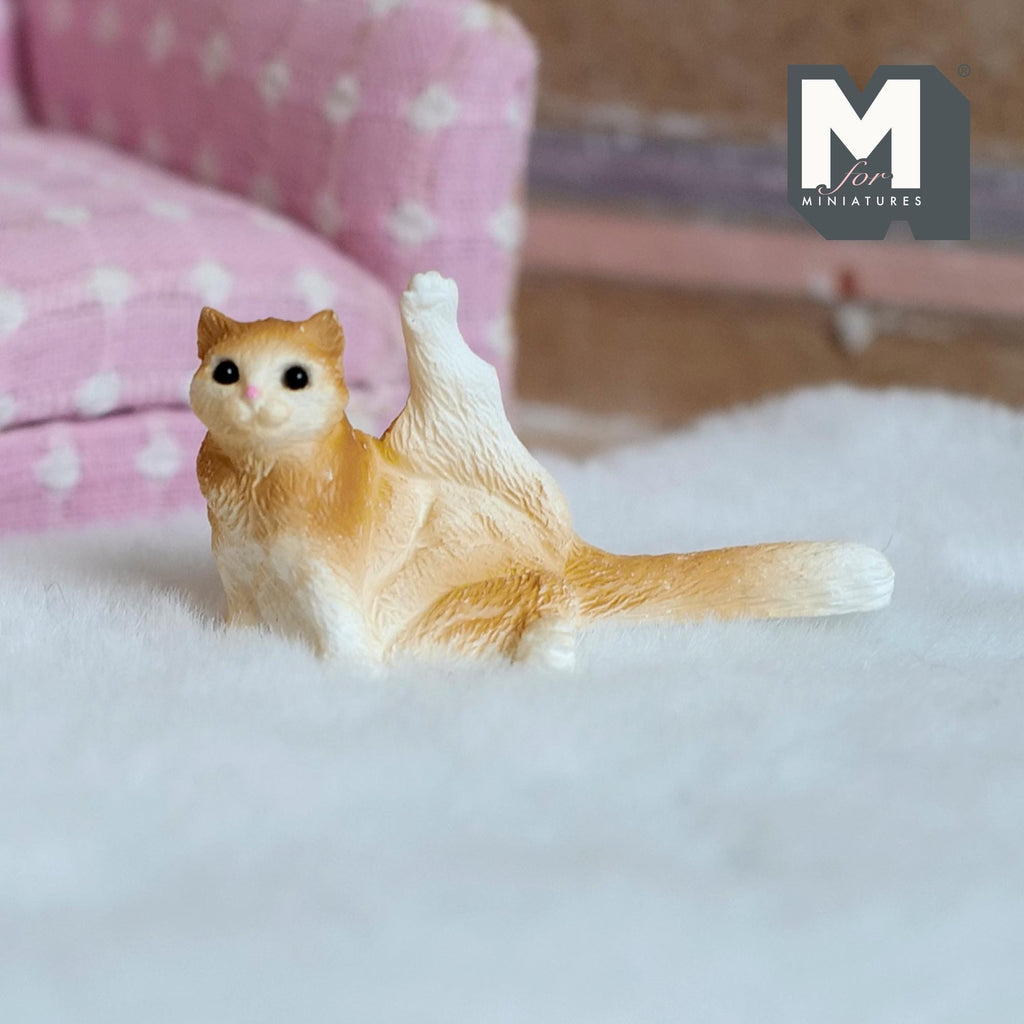Miniature Ginger Tabby Cat Leg Grooming - 1:12 Scale Dollhouse Cat Figurine 1-13/16 inch long - B031