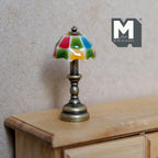1:12 scale miniature stained glass style table lamp with bronze base, non electric, red, green, yellow and blue shade
