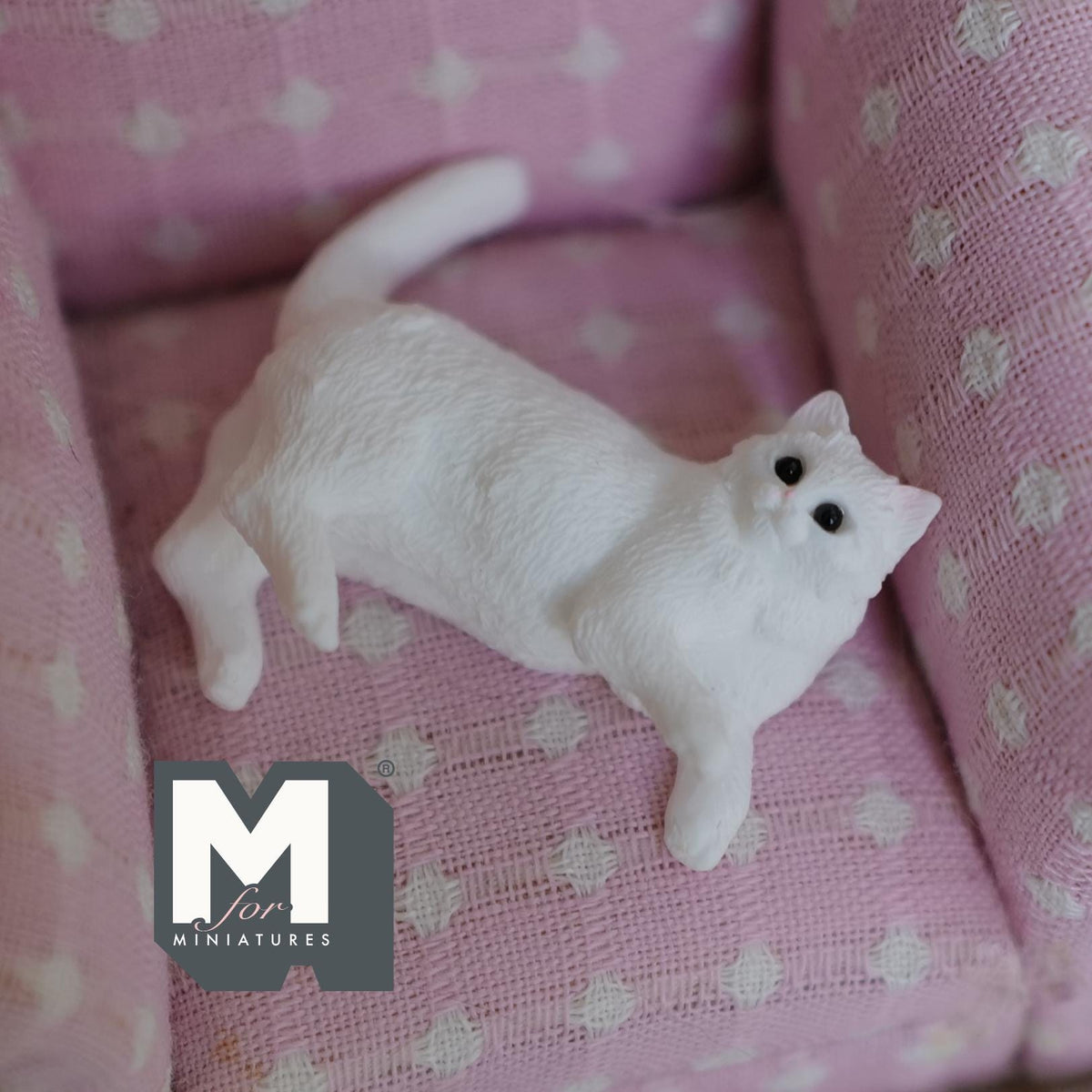 Miniature White Cat Lying 1:12 Scale Relaxing Cat Looking Up 1-9/16 inch long - B046