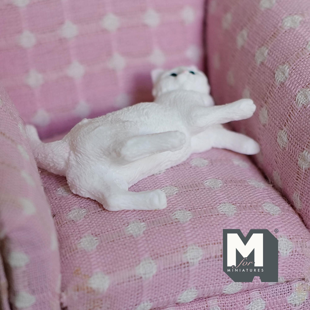 Miniature White Cat Lying 1:12 Scale Relaxing Cat Looking Up 1-9/16 inch long - B046