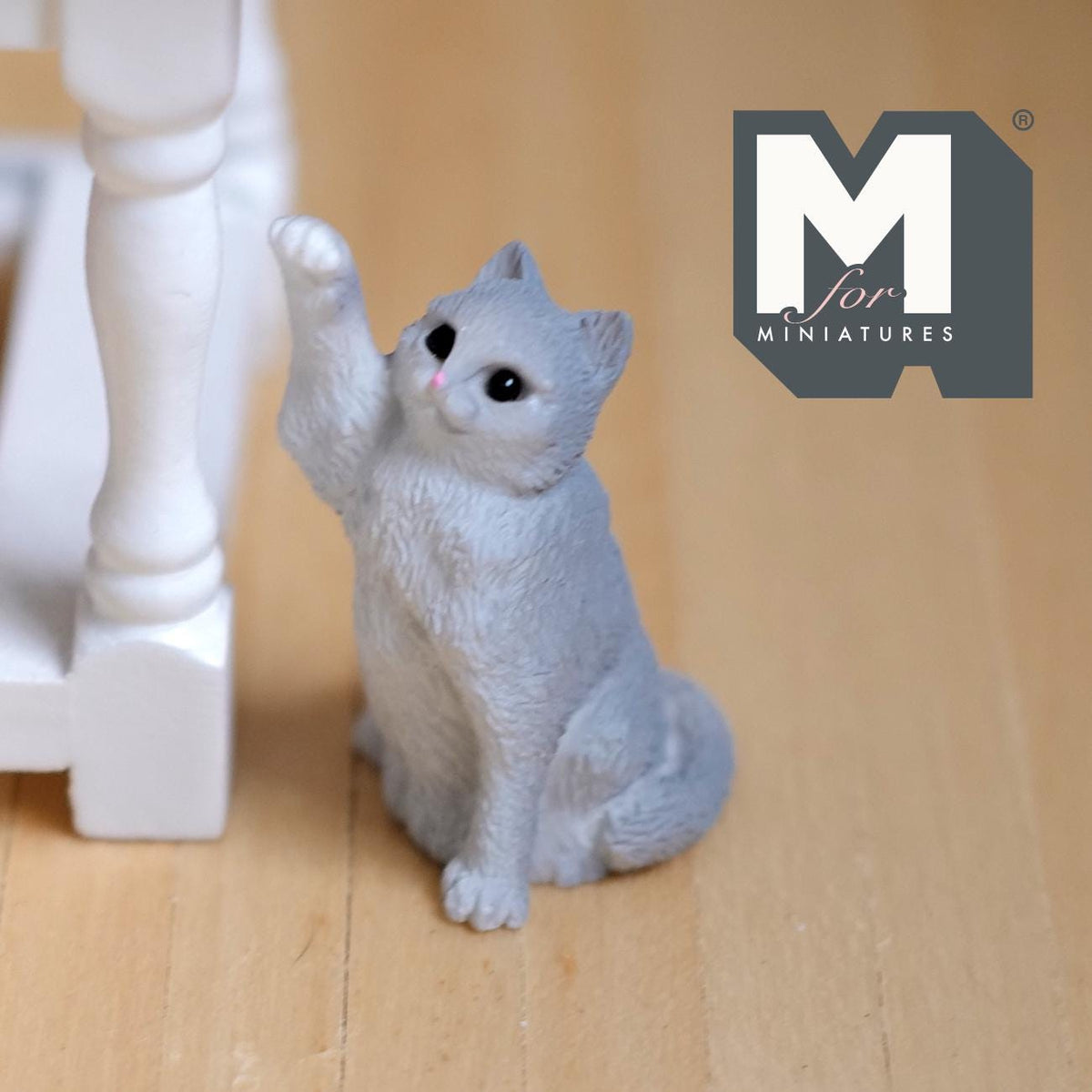 Miniature Sitting Cat Hand Up 1:12 Scale Sitting Gray Cat 1-5/16 inch tall - B044