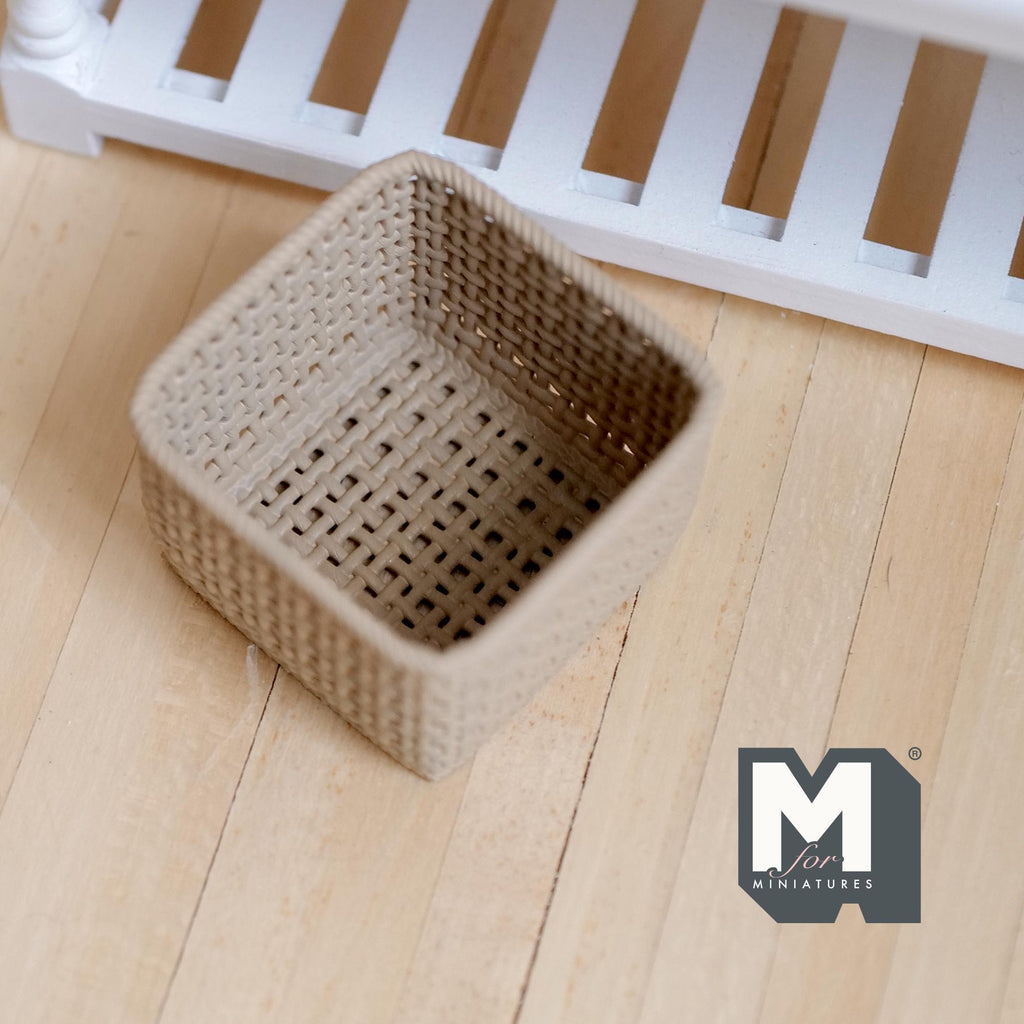 Miniature Square Faux Wicker Basket 1:12 Scale Dollhouse Rattan Laundry Hamper Storage Bin 15/16 inch tall (beige) - C012