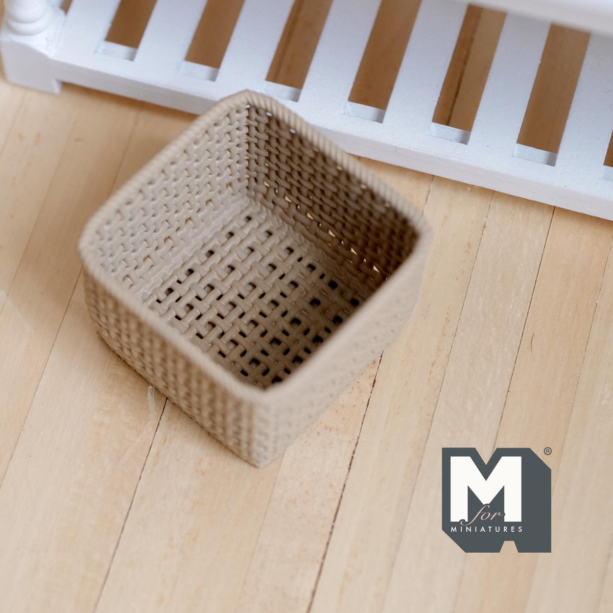 Miniature Square Faux Wicker Basket 1:12 Scale Dollhouse Rattan Laundry Hamper Storage Bin 15/16 inch tall (beige) - C012