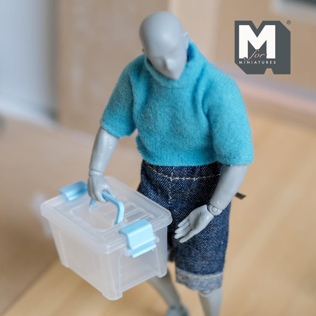 Miniature Storage Tote with Lid 1:12 Scale Dollhouse Clear Plastic Bin with Latches 1-7/8 inch long - C099