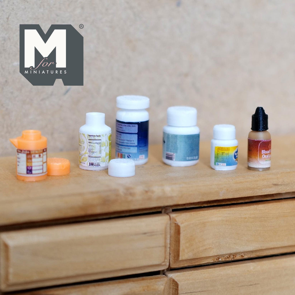Assorted Miniature Empty Bottles and Lids Set of 6 , 1:12 Scale Dollhouse Decor - E058