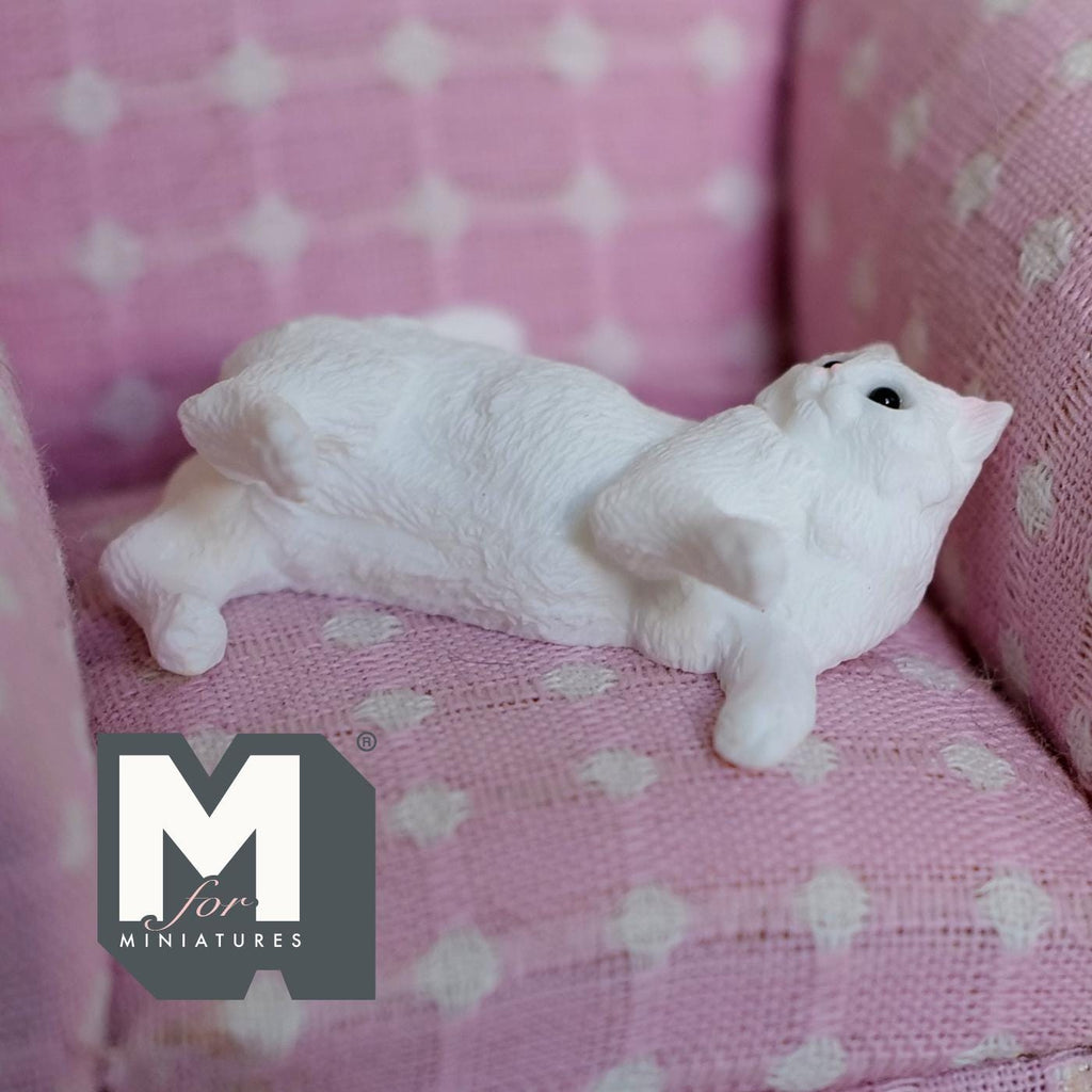 Miniature White Cat Lying 1:12 Scale Relaxing Cat Looking Up 1-9/16 inch long - B046