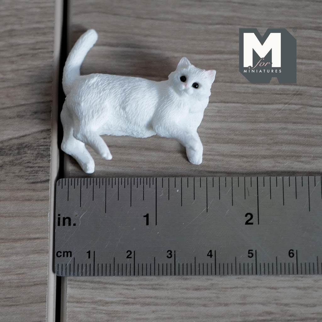Miniature White Cat Lying 1:12 Scale Relaxing Cat Looking Up 1-9/16 inch long - B046