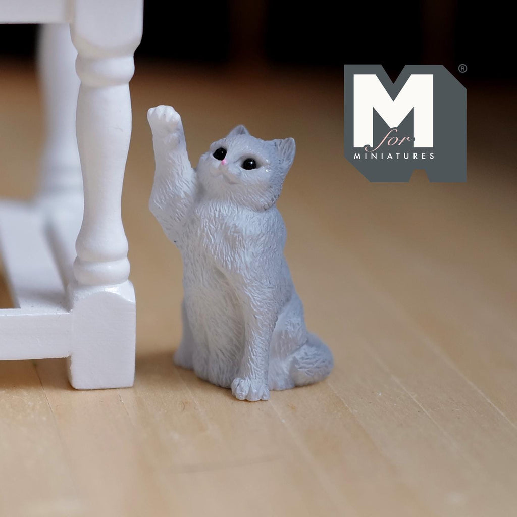 Miniature Sitting Cat Hand Up 1:12 Scale Sitting Gray Cat 1-5/16 inch tall - B044