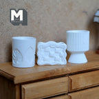 1:12 scale miniature sculptural vases in white resin, set of 3, leaf relief cylinder, wavy tray and ribbed footed pot