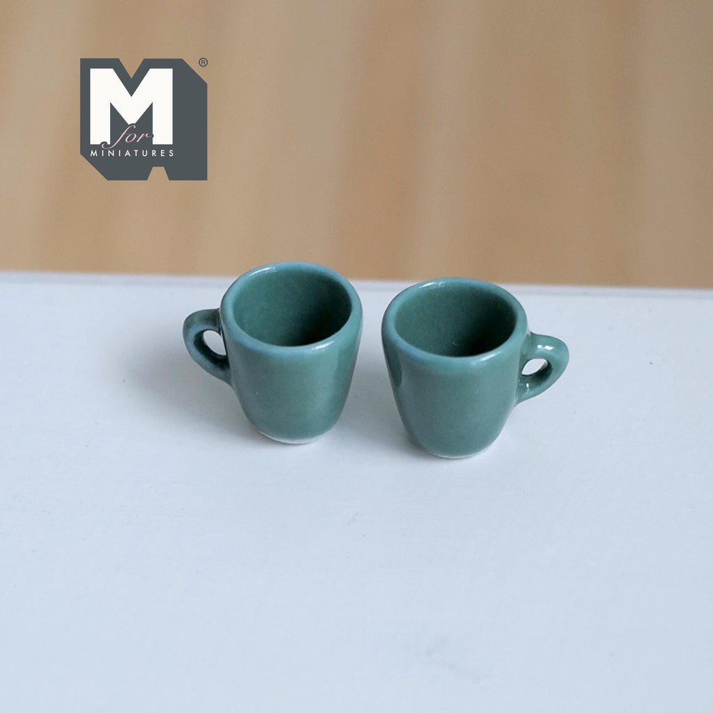 Miniature Ceramic Mugs 1:12 Scale Tiny Coffee Cups, Dollhouse Kitchen Accessories, Mini Cocoa Mugs, Diorama Decor Set of 2 (green) -