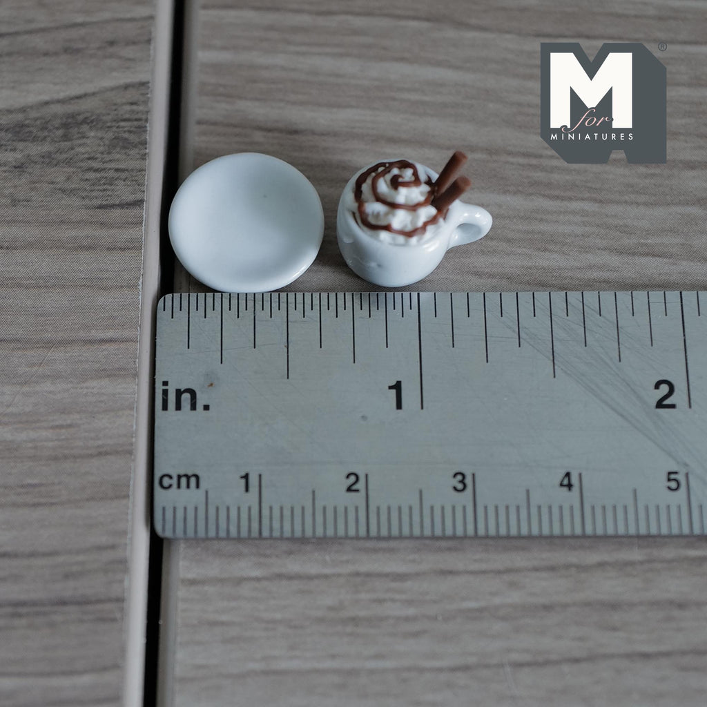 Miniature Hot Chocolate with 2 Chocolate Rolls and Saucer 1:12 Scale Diorama Beverage Dessert - E090