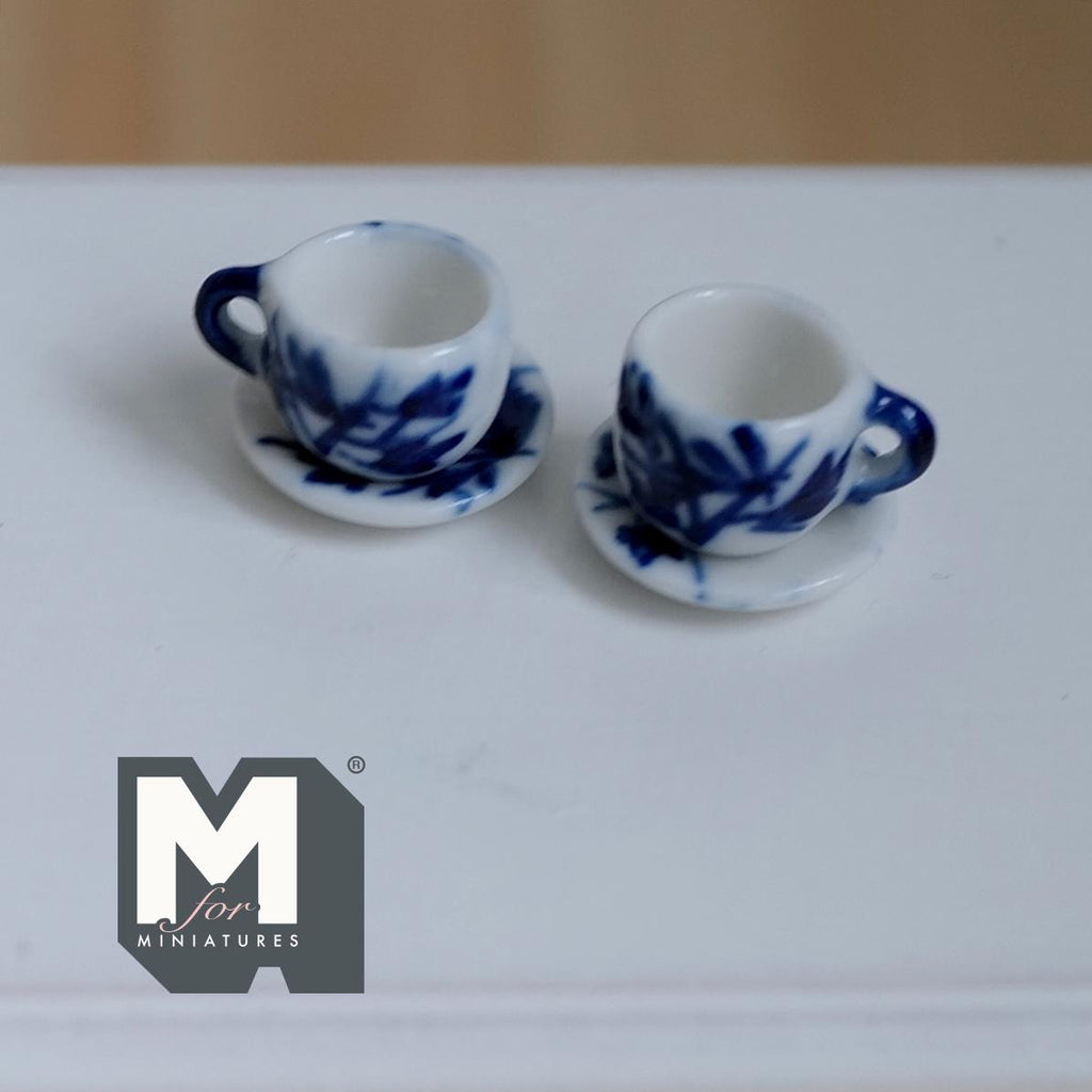 Miniature Ceramic Cups and Saucers 1:12 Scale Dollhouse Kitchen Tableware Set of 4 Pieces - A076