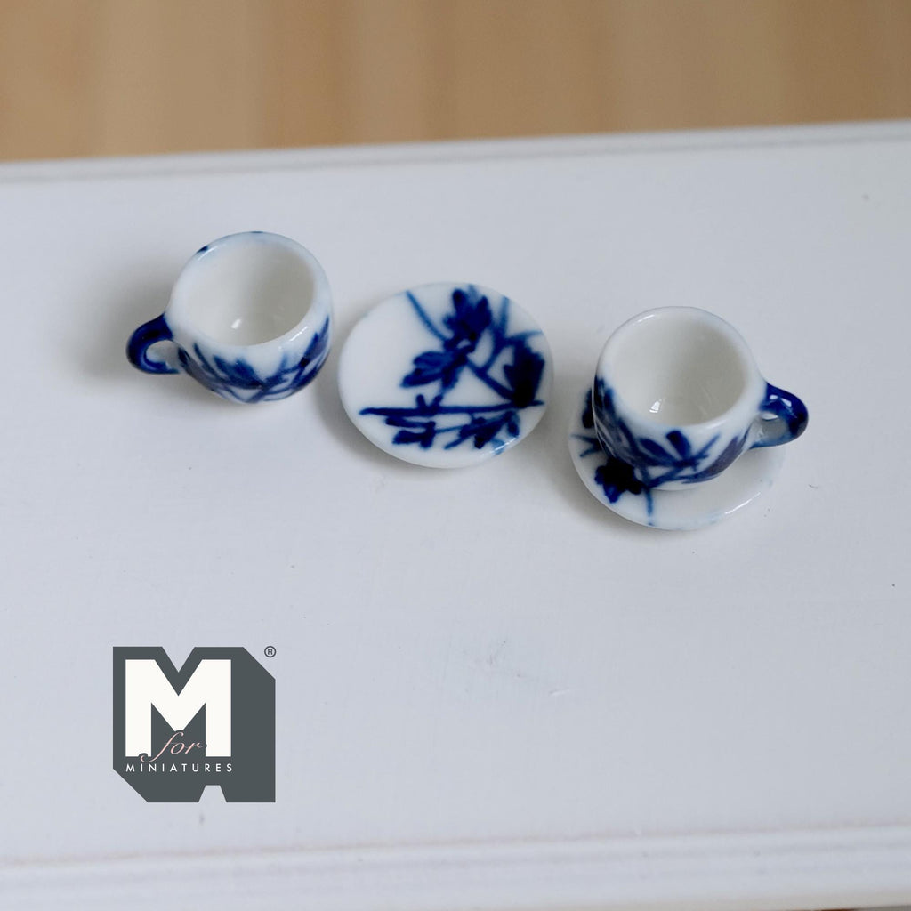 Miniature Ceramic Cups and Saucers 1:12 Scale Dollhouse Kitchen Tableware Set of 4 Pieces - A076