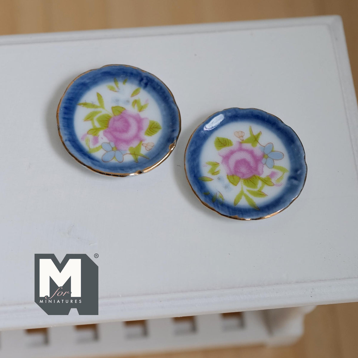 Miniature Ceramic Plates Printed Flowers 1:12 Scale Dollhouse Kitchen Tableware Set of 2 , 1 inch dia. - A034