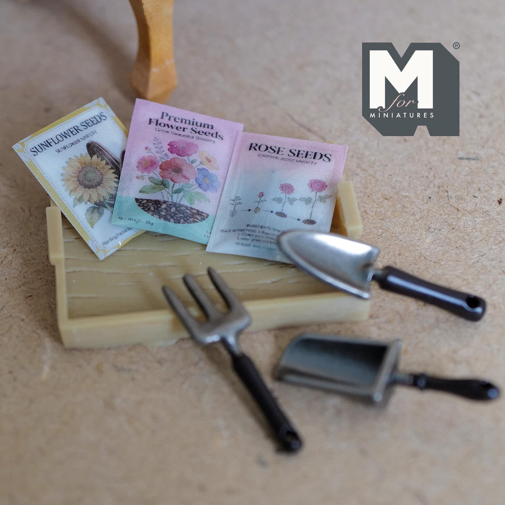 Miniature Gardening Tray with Seed Packets and Tools, Dollhouse Garden Accessories, Tiny Planting Kit, Spring Diorama Decor (style B) - B085