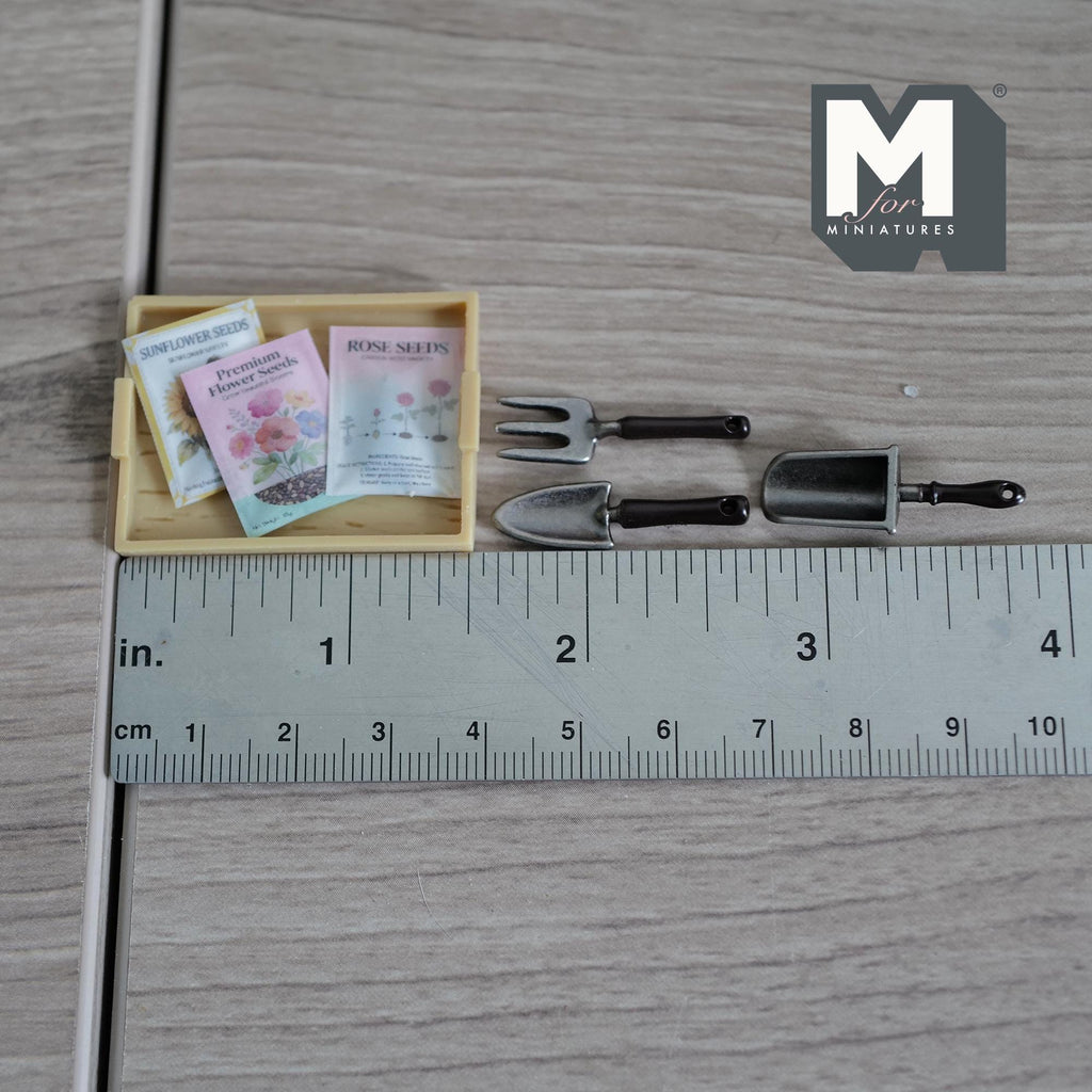 Miniature Gardening Tray with Seed Packets and Tools, Dollhouse Garden Accessories, Tiny Planting Kit, Spring Diorama Decor (style B) - B085