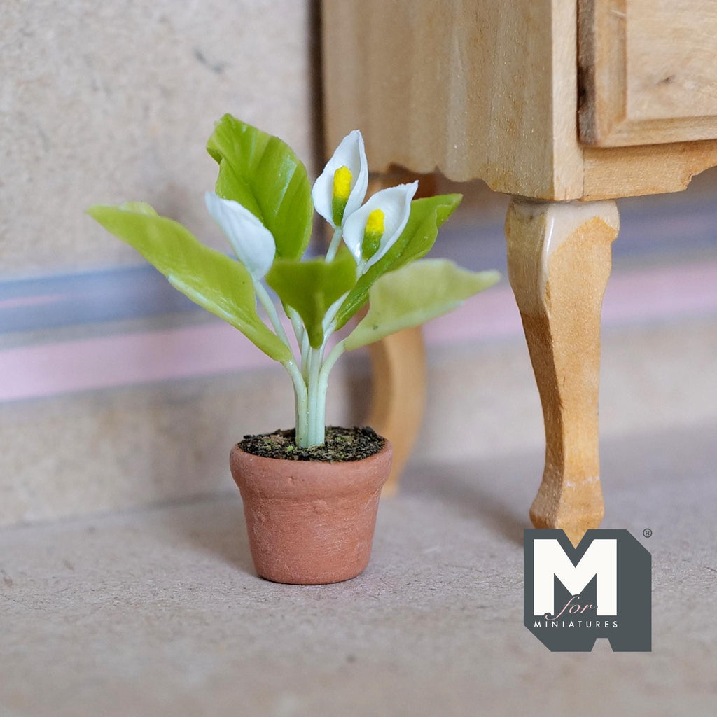Miniature Clay Planter White Calla Lily 1:12 Scale Miniature Potted Flowers,Dollhouse Potted Flowers Miniature Flowers 1-1/2 inch tall- H031