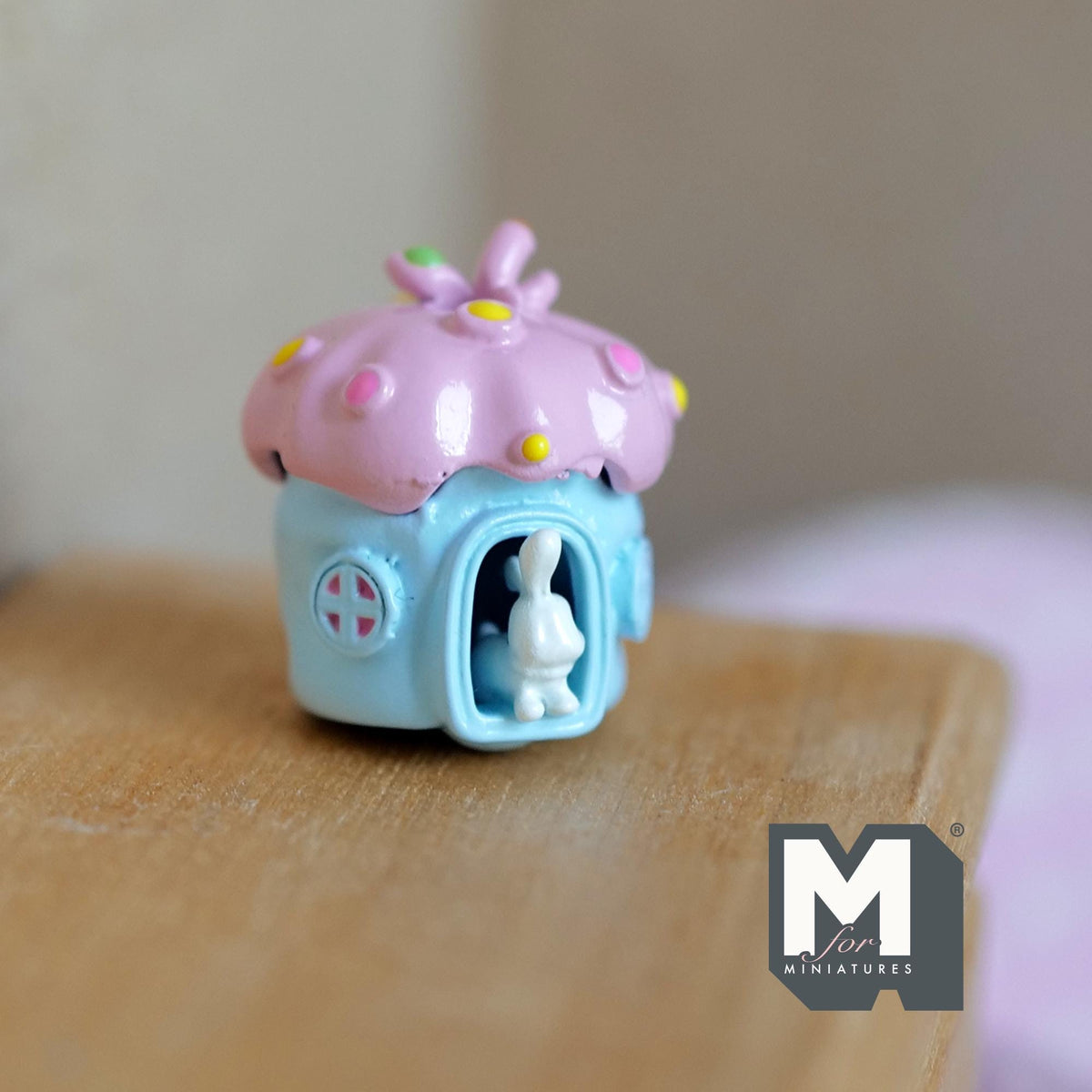 Miniature Fairy Mushroom House with White Bunny 1:12 Scale Dollhouse Garden Accessory 3/4 inch tall (pink/blue) - C030